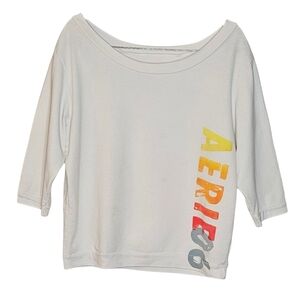 Aerie Oversized Off Shoulder Boxy Cropped White Sweatshirt Retro Distressed Logo